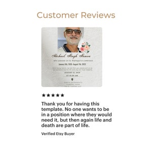 May include: A black and white five-star rating with a customer review that reads: "Thank you for having this template. No one wants to be in a position where they would need it, but then again life and death are part of life." The review is attributed to a "Verified Etsy Buyer".