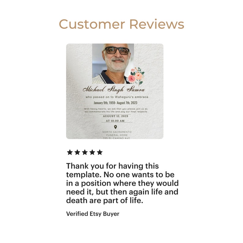 May include: A black and white five-star rating with a customer review that reads: "Thank you for having this template. No one wants to be in a position where they would need it, but then again life and death are part of life." The review is attributed to a "Verified Etsy Buyer".