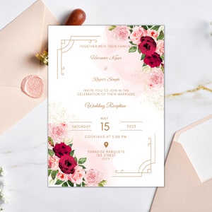 May include: Wedding reception invitation with a pink and white floral design. The invitation features the names "Harncor Kaur" and "Rajvir Singh" and the date "15 May 2023".