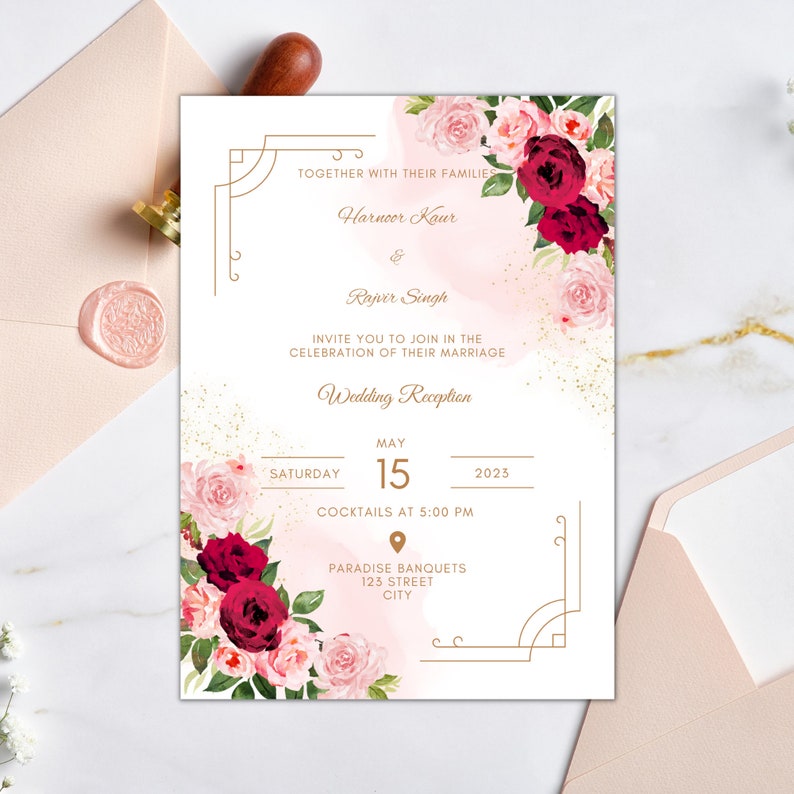 May include: Wedding reception invitation with a pink and white floral design. The invitation features the names "Harncor Kaur" and "Rajvir Singh" and the date "15 May 2023".