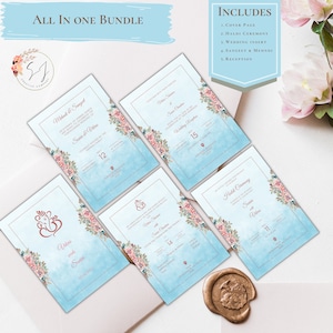 Hindoe bruiloft uitnodiging bundel blauwe aquarel Instant Download | Haldi, Sangeet, huwelijksceremonie, receptie in één