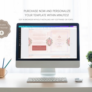 May include: A computer screen displaying a wedding invitation template with pink floral designs. The text on the screen reads "Welcome" and "Save the Date". The text at the top of the screen reads "Purchase Now and Personalize Your Template Within Minutes! Edit in Browser Without Installing Any Software or Fonts".