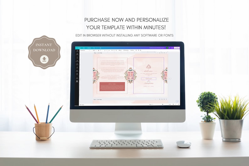 May include: A computer screen displaying a wedding invitation template with pink floral designs. The text on the screen reads "Welcome" and "Save the Date". The text at the top of the screen reads "Purchase Now and Personalize Your Template Within Minutes! Edit in Browser Without Installing Any Software or Fonts".