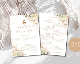 Peut inclure: Programme de cérémonie de mariage recto verso avec des motifs floraux dans des tons de rose et de vert. La face avant présente le texte "Bienvenue à l'Anand Karaj de Manpreet & Parminder" et une illustration dorée d'un temple. La face arrière comprend l'ordre de la cérémonie avec des descriptions de chaque événement.