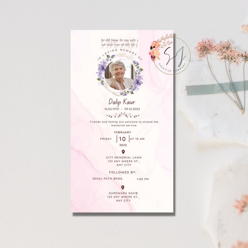 May include: A pink and white marble-textured memorial card with a floral wreath surrounding a photo of a woman. The text reads "In Loving Memory of Dalip Kaur 14.02.1970 - 09.12.2022". The card includes details for a memorial service and a following event.