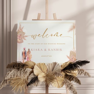 Cartel de bienvenida de boda Boho elegante horizontal para bodas hindúes, gujarati, del sur de la India con ilustración de pareja, descarga digital imprimible