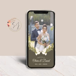 May include: A digital wedding invitation with a photo of a couple in front of a green background. The invitation is decorated with a wreath of green leaves and white doves. The text reads "Marriage of Olivia & David 10 | 20 | 2023".