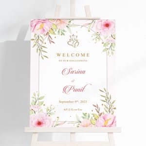Light pink Floral wedding, Engagement, Ring Ceremony Welcome Sign for Hindu, Sikh,  Gujarati, South Indian Weddings with Ganesha Symbol