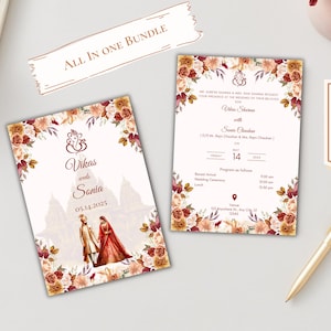 Pacchetto di inviti per matrimonio indù con tema di fogliame autunnale Download immediato / Haldi, Sangeet, cerimonia di matrimonio, ricevimento, tutto in uno
