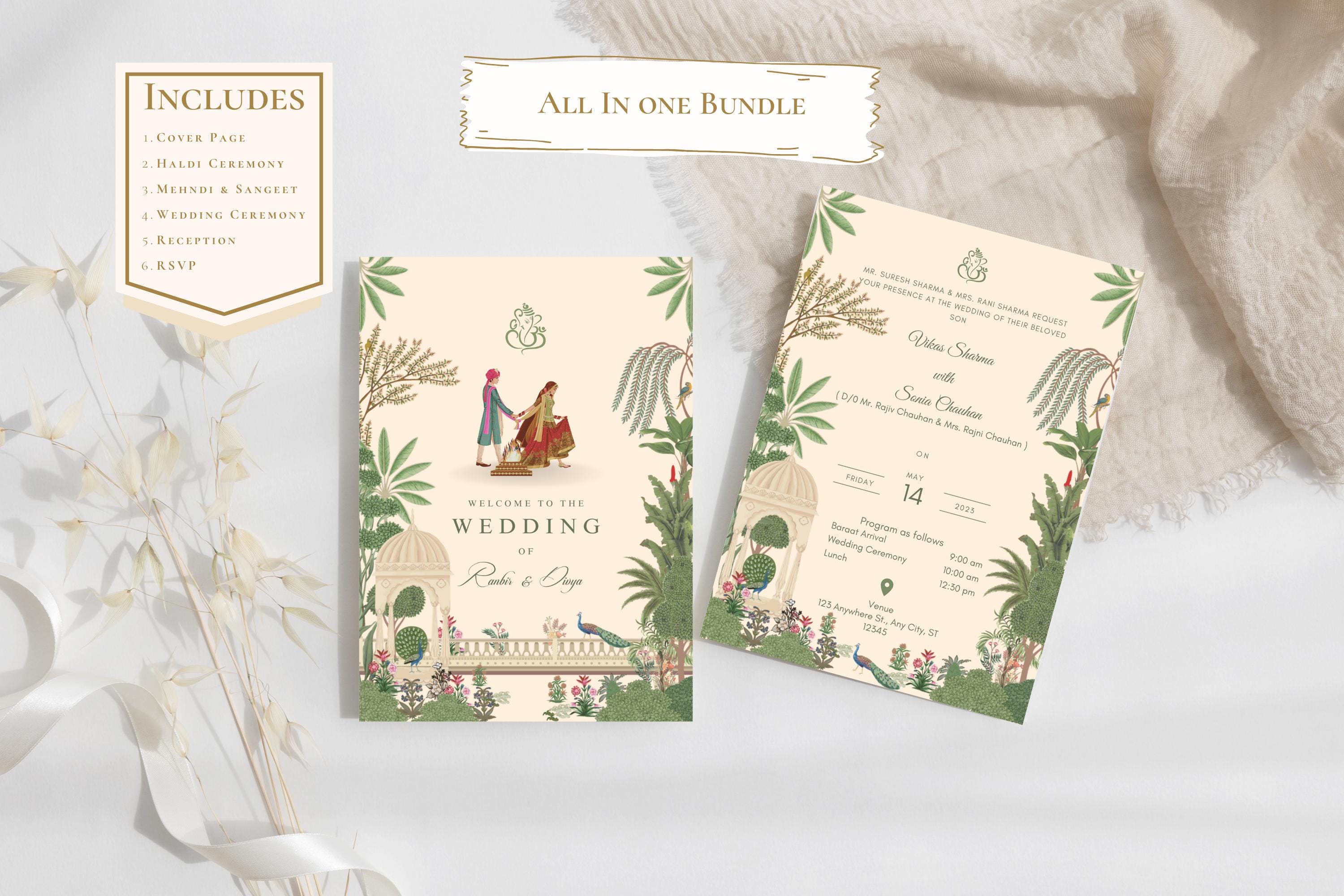DIY Hindu Wedding Invitation Template all in one bundle traditional garden theme, Indian Wedding, Hindu Invitation - Instant Download