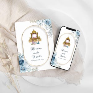 Pacote de convites para casamento Sikh com rosas azuis empoeiradas elegantes faça você mesmo | Anand Karaj, Sangeet, Jaggo, RSVP, recepção, tudo em um Download instantâneo