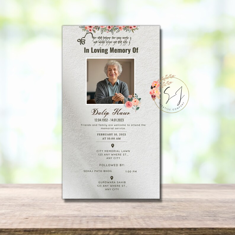 May include: A memorial service announcement for Dalip Kaur, who passed away on January 14, 2023. The announcement includes the date and time of the service, as well as the location of the service and the location of the following Sehaj Path Bhog.