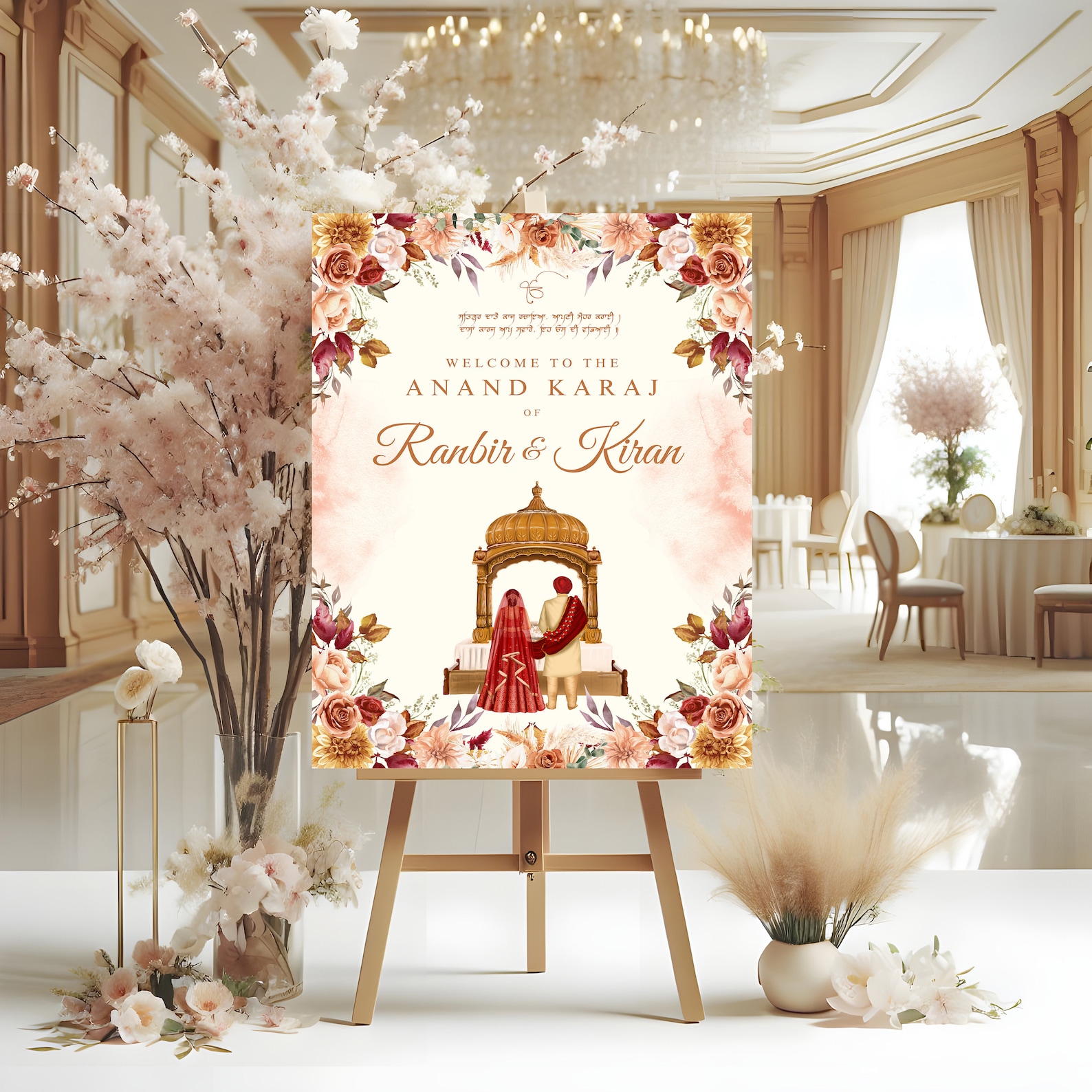 Rust Floral Theme Anand Karaj Welcome Sign With Couple Illustration ...