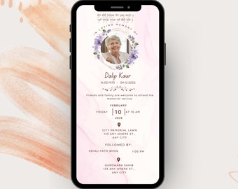 May include: A pink and white digital memorial card with a photo of a woman in a floral wreath. The card includes the name "Dalip Kaur" and the dates "14.02.1970 - 09.12.2022". It also includes details about a memorial service, including the date, time, and location.