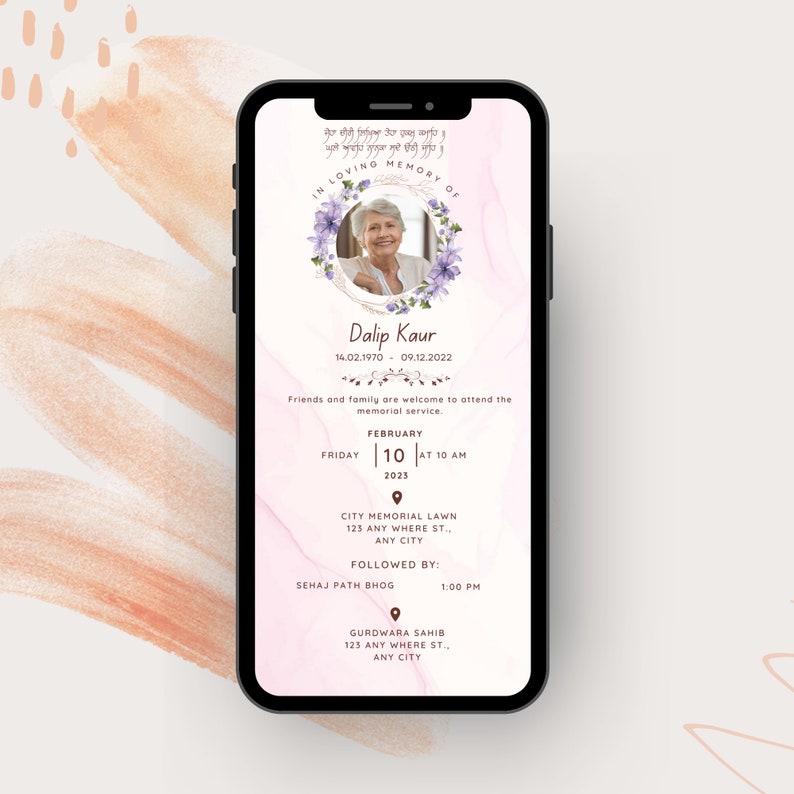 May include: A pink and white digital memorial card with a photo of a woman in a floral wreath. The card includes the name "Dalip Kaur" and the dates "14.02.1970 - 09.12.2022". It also includes details about a memorial service, including the date, time, and location.