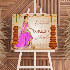 Custom Mehendi Sangeet Welcome Sign with bride illustration for Hindu, Gujarati, Punjabi, Sikh, and Indian Weddings - Fast Delivery