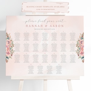 May include: A wedding seating chart with a pink and white watercolor background. The chart is decorated with floral illustrations and lists the names of guests at each table. The text at the top reads "Please find your seat Hannah & Aaron Wedding Reception".