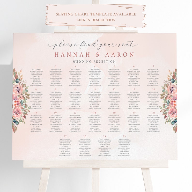 May include: A wedding seating chart with a pink and white watercolor background. The chart is decorated with floral illustrations and lists the names of guests at each table. The text at the top reads "Please find your seat Hannah & Aaron Wedding Reception".