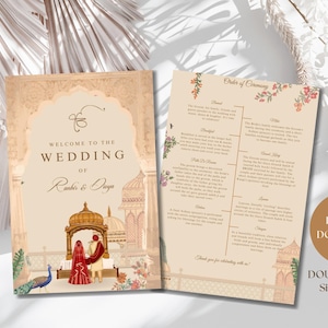 Op de afbeelding: Dubbelzijdige huwelijksuitnodiging met een beige achtergrond. De voorkant toont een illustratie van een stel in traditionele kledij, een pauw en de tekst "WELCOME TO THE WEDDING of Ranbir & Diya". De achterkant geeft de volgorde van de ceremonie weer. Formaat 15,2 x 22,9 cm.