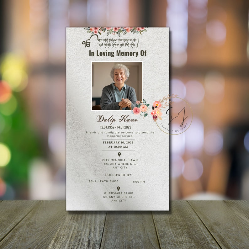 May include: A memorial service announcement for Dalip Kaur, who passed away on January 14, 2023. The announcement includes a photo of Dalip Kaur, the date and time of the service, and the location of the service. The announcement also includes information about a following Sehaj Path Bhog.