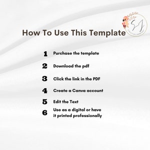 May include: A white background with black text outlining six steps on how to use a template. The steps are numbered 1 through 6 and include: Purchase the template, Download the pdf, Click the link in the PDF, Create a Canva account, Edit the Text, and Use as a digital or have it printed professionally.