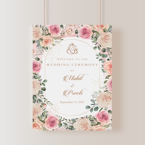 Modern bloemen bruiloft welkomstbord met Lord Ganesha voor hindoeïstische, Gujarati, Zuid-Indiase bruiloften, afdrukbare digitale download