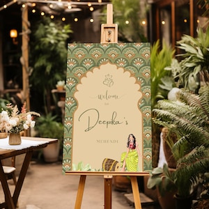 Grünes Muster Mehendi Sangeet Willkommensschild für Hindus, Gujarati, Punjabi, Sikhs und Inder Hochzeiten - Instant Download Vorlage