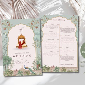 May include: Double-sided wedding invitation with a floral design and the text "Welcome to the Wedding of Radha & Kiran." The invitation includes an order of ceremony and is available in two sizes: 6x9 inches and A5 (5.8 x 8.3 inches).