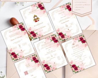 Red and Pink floral Sikh Wedding Invitation Bundle Instant Download | Akhand Paath, Anand Karaj, Mehndi, Sangeet, Reception, RSVP all in one