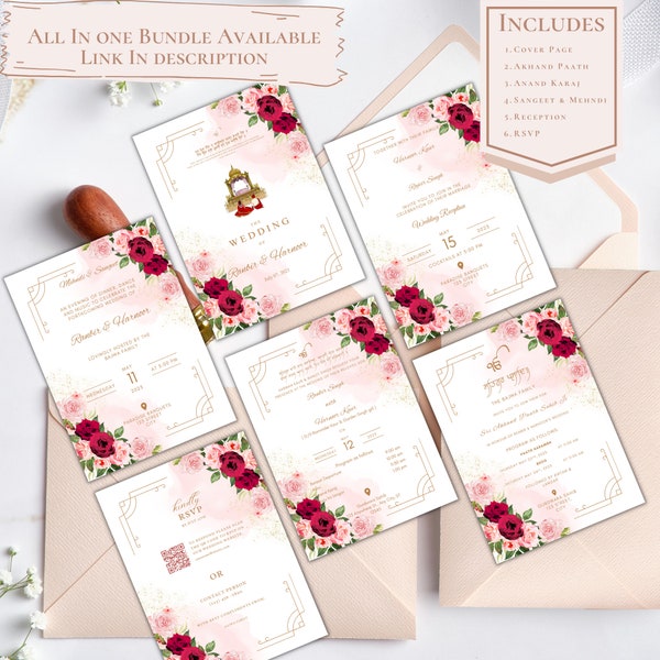Red and Pink floral Sikh Wedding Invitation Bundle Instant Download | Akhand Paath, Anand Karaj, Mehndi, Sangeet, Reception, RSVP all in one