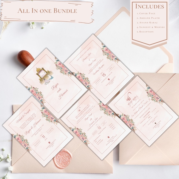 Sikh Wedding Invitation Bundle Instant Download | Akhand Paath, Anand Karaj, Sangeet, Reception all in one