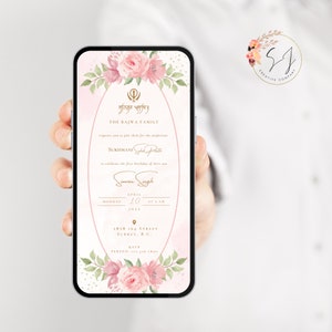May include: A digital invitation on a smartphone featuring a floral design with pink roses and green leaves. The text reads "The Bajwa Family" and announces a Sukhmani Sahib Path to celebrate a first birthday. The date is April 10, 2021.