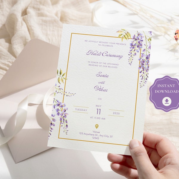 DIY Purple and Yellow floral Hindu Wedding Invitation Template Bundle, Indian Wedding, Hindu Invitation - Instant Download