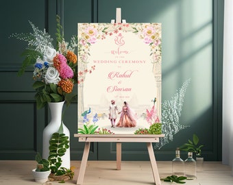 Royal Hindu Wedding Welcome Sign with Couple Illustration floral arch design with elephants bg - Instant Download