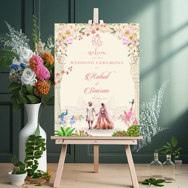 Royal Hindu Wedding Welcome Sign with Couple Illustration floral arch design with elephants bg - Instant Download