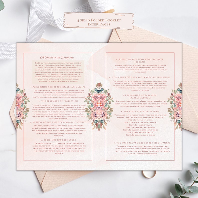 May include: A guide to a traditional Indian wedding ceremony with pink floral illustrations. The booklet includes details about the groom's arrival, the bride's arrival, the exchanging of garlands, the seven steps, and the walk around the sacred fire.