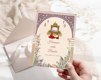 Può includere: Un invito di nozze con un bordo floreale e un design tradizionale indiano. L'invito recita "Harnoor sposa Ranbir il 3 settembre 2021".