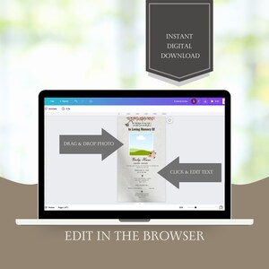 May include: A digital template for a memorial card with a photo placeholder, text fields, and a floral design. The text reads "In Loving Memory Of" and "Dalip Hawn".