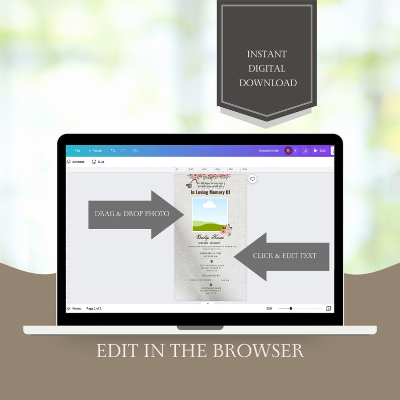 May include: A digital template for a memorial card with a photo placeholder, text fields, and a floral design. The text reads "In Loving Memory Of" and "Dalip Hawn".