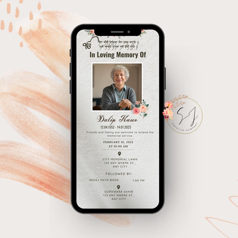 May include: A digital memorial card with a photo of a woman and the text "In Loving Memory Of Dalip Kaur 12.04.1952-14.01.2023" and details about the memorial service.