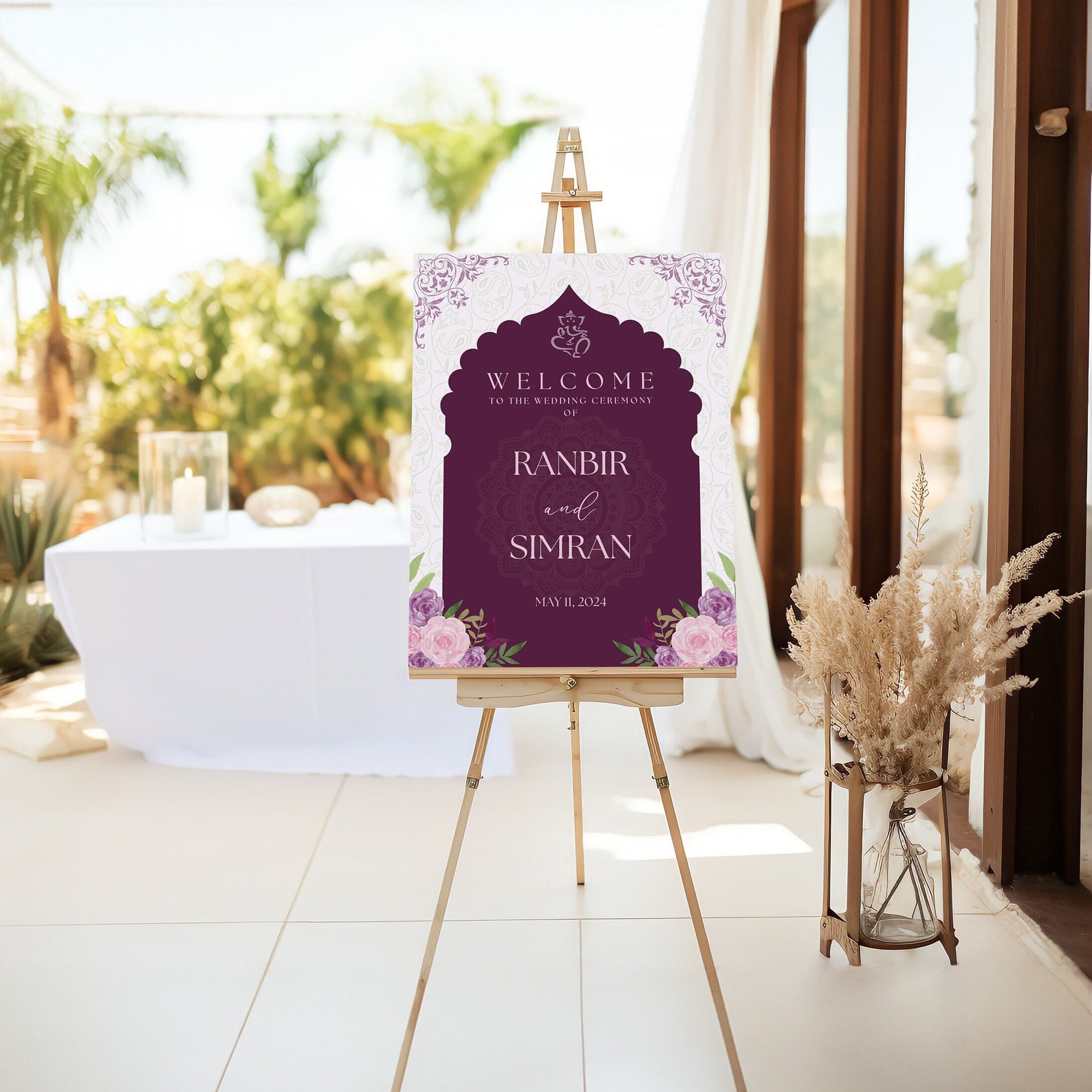 Purple and Pink Wedding Welcome Sign for Hindu, Gujarati, South Indian ...