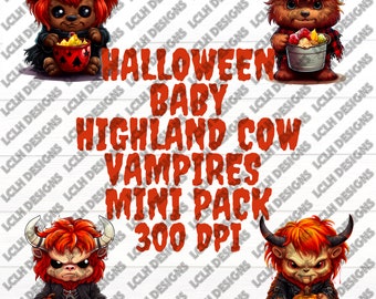 Baby Highland Cow Vampires mini pack, 300 DPI, PNG, Mini Bundle, Sublimation, Design, Halloween Baby Cow Vampires, Baby Cow Vampires