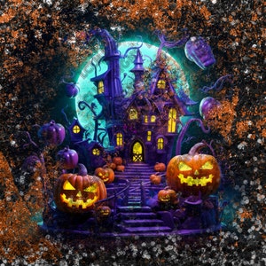 Spooky Haunted House Tumbler Wrap with Glitter Accents, Haunted House, Halloween, 300 DPI, Jack-o-Lantern, Spooky House, Tumbler Wrap