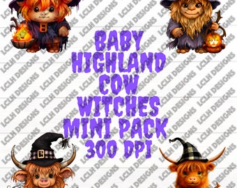 Baby Highland Cow Witches mini pack, 300 DPI, PNG, Mini Bundle, Cow, Sublimation, Design, Halloween, Baby Highland Cows in witch costumes