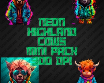 Neon Mixed Highland Cow mini pack, 300 DPI, PNG, Mini Bundle, Sublimation, Design, Mixed, Neon Style Highland Cow, 80's Style Baby Cow