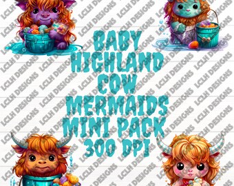Baby Highland Cow Mermaid mini pack, 300 DPI, PNG, Mini Bundle, Sublimation, Design, Halloween, Candy bucket, Baby Highland Cow Mermaid