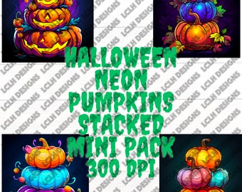 Neon Halloween Pumpkin Stack Mini Bundle Pack, 300 DPI, PNG, Mini Bundle, Sublimation, Neon Style Stacked Pumpkins, Scary Stacked Pumpkins