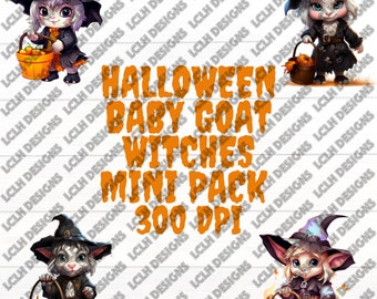Baby Goat Witches mini pack, 300 DPI, PNG, Mini Bundle, Llama, Sublimation, Design, Halloween, Goats in witch costumes, Baby Halloween Goats