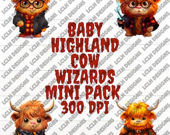 Baby Highland Cow Wizard mini pack, 300 DPI, PNG, Mini Bundle, Cow, Sublimation, Design, Halloween, Baby Highland Cow in Wizard costumes