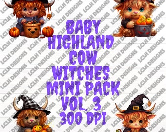 Baby Highland Cow Witches mini pack #3, 300 DPI, PNG, Mini Bundle, Cow, Sublimation, Design, Halloween, Baby Highland Cows in witch costumes